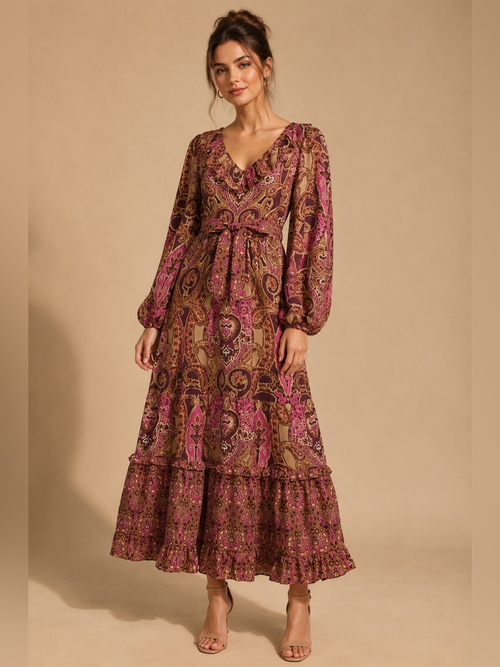 A Loves A Paisley Printed Long Sleeve V-Neck Ruffled Maxi Dress Size XSmall